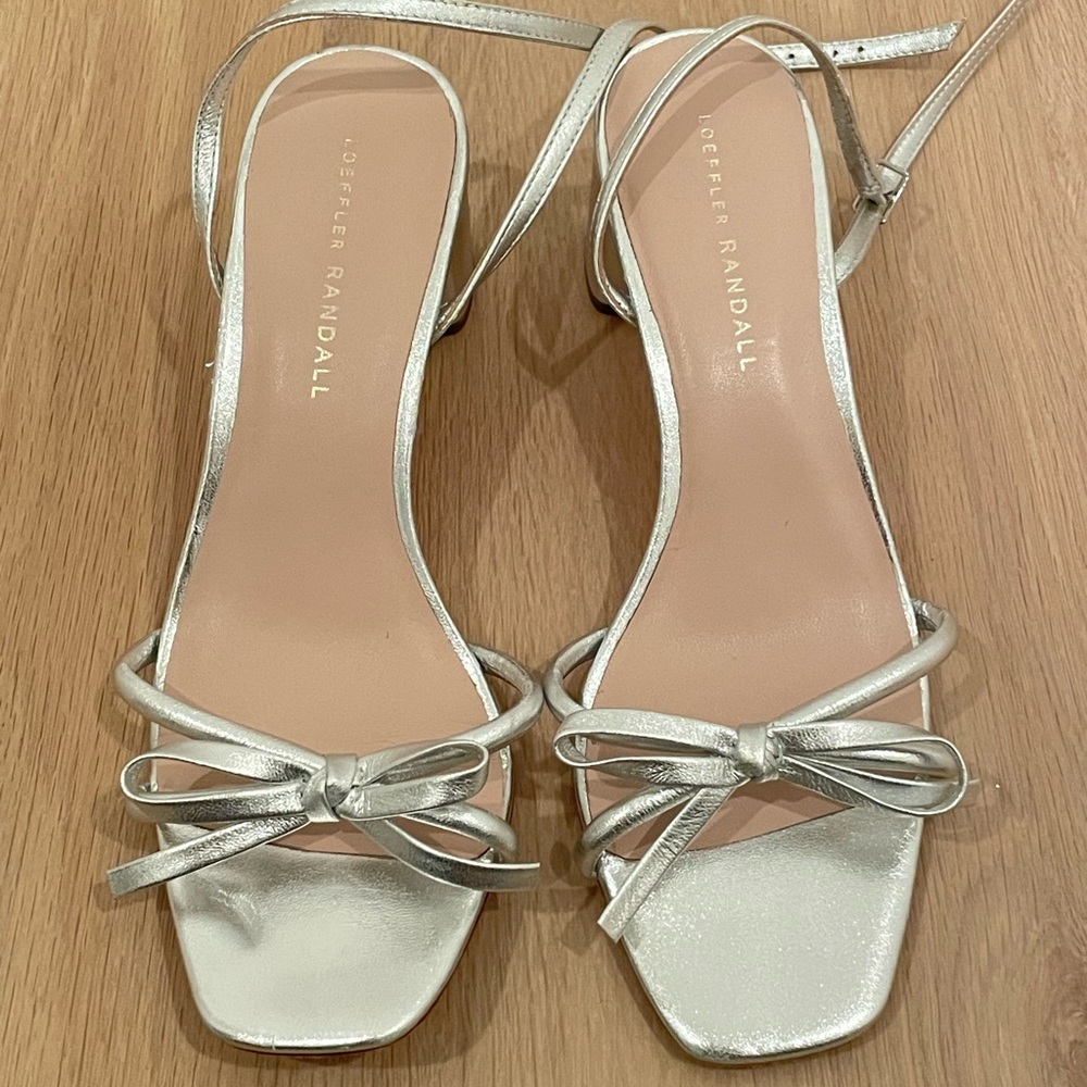 Loeffler Randall Silver Mikel Bow Mid-Heel Sandal
